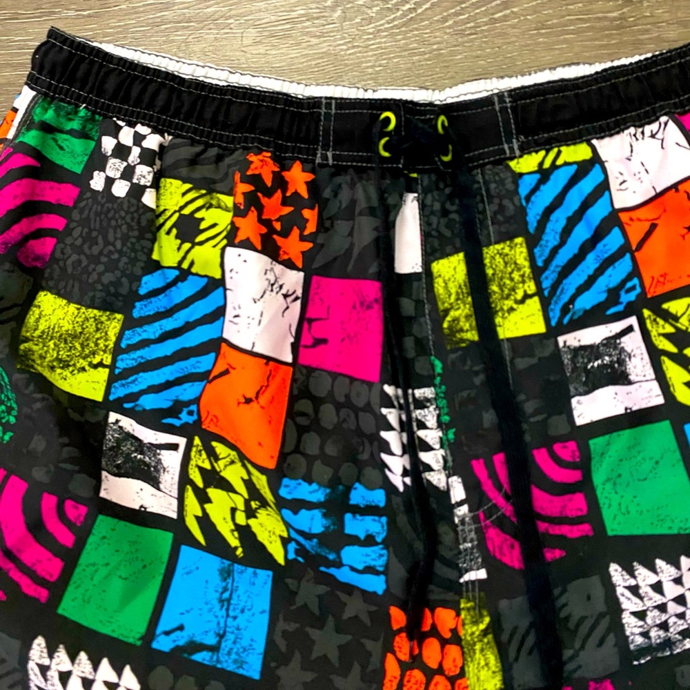 Mens XL BurnSide FL Swim Suit Board Shorts Baggy Neon Black Retro Surf Trunks